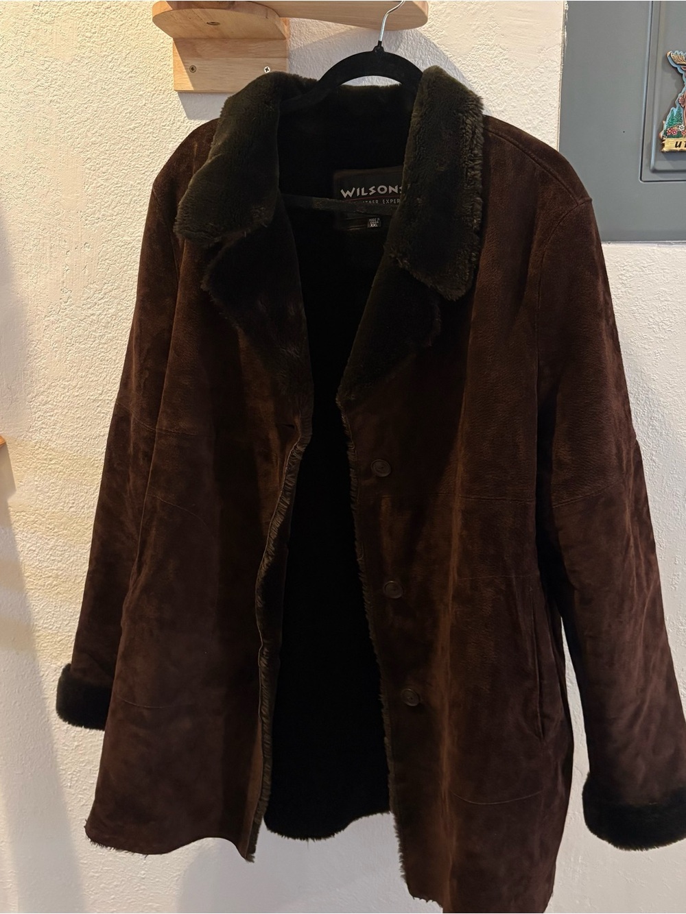 Wilsons Leather Dark Brown Suede Shearling Coat